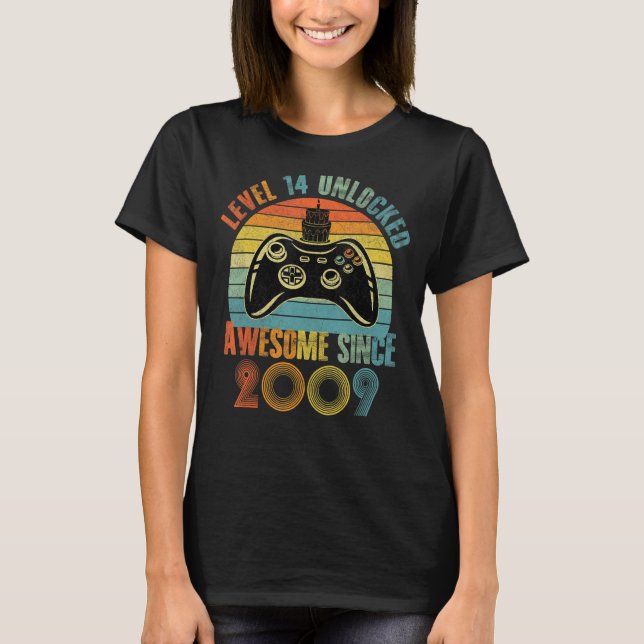 14 Years Level 14 Unlocked Awesome Since 2009 14th T-Shirt (Front)