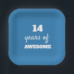 14 Years of Awesome - Blue 14th Birthday Paper Plate<br><div class="desc">These blue 14th birthday paper plates which say 14 years of awesome in white against the blue background make a fun birthday party decor touch to his fourteenth birthday.</div>