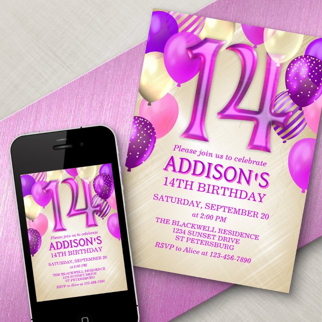 14e anniversaire Ballons roses Invitation (Créateur téléchargé)