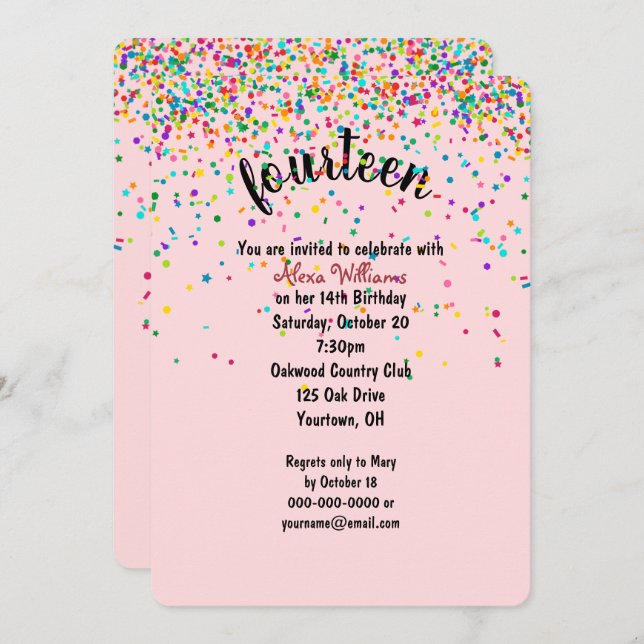 14e anniversaire Fête confetti Invitation (Devant / Derrière)