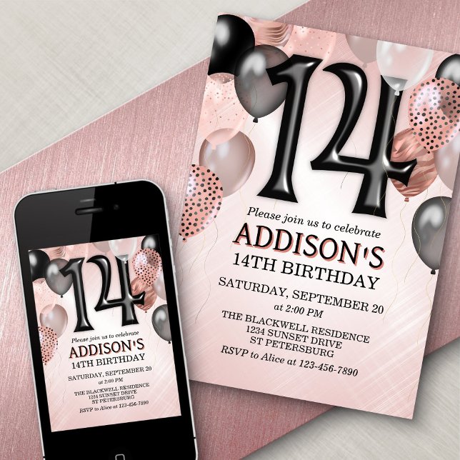 14e anniversaire Rose Gold Ballons Invitation (Créateur téléchargé)