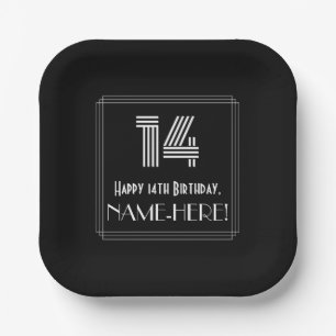 14th Birthday — Art Deco Inspired Look “14” + Name Paper Plate