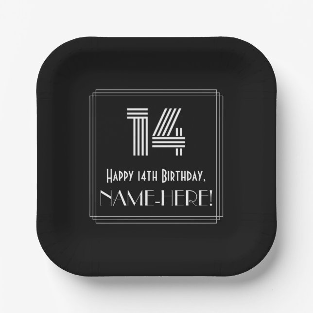 14th Birthday — Art Deco Inspired Look “14” + Name Paper Plate (Front)