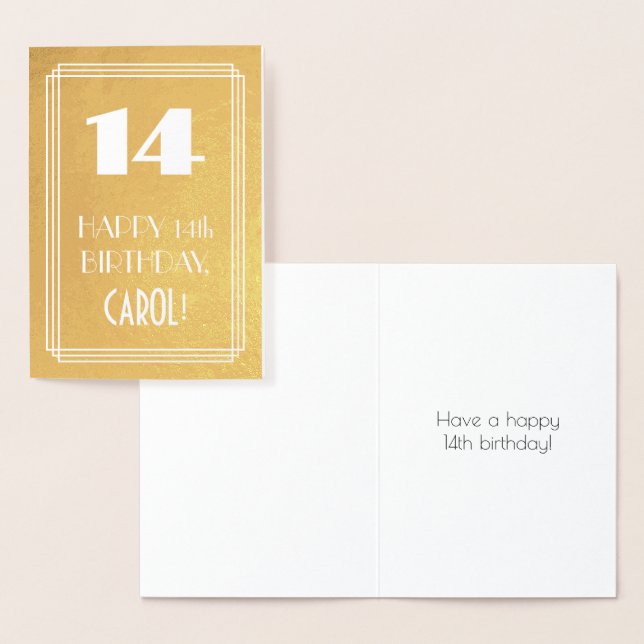 14th Birthday ~ Art Deco Style "14" & Custom Name Foil Card (Display)
