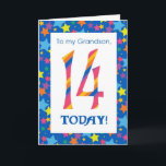 14th Birthday Card for Grandson, Stripes and Stars<br><div class="desc">A bright and colourful 14th Birthday Card for a Grandson,  with striped numbers and a starry border,  from a digital design by Judy Adamson. You can change the inside message if you wish.</div>