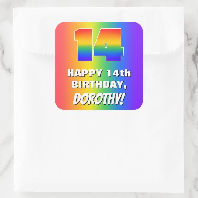 14th Birthday: Colorful, Fun Rainbow Pattern # 14 Square Sticker (Bag)