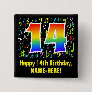 14th Birthday: Colorful Music Symbols, Rainbow 14 2 Inch Square Button