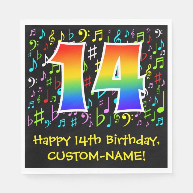 14th Birthday - Colourful Music Symbols, Rainbow 1 Napkin (Front)