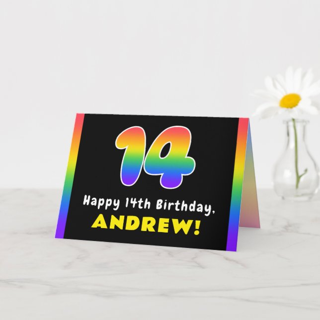 14th Birthday: Colourful Rainbow # 14, Custom Name Card (Small Plant)