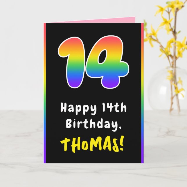 14th Birthday: Colourful Rainbow # 14, Custom Name Card (Yellow Flower)