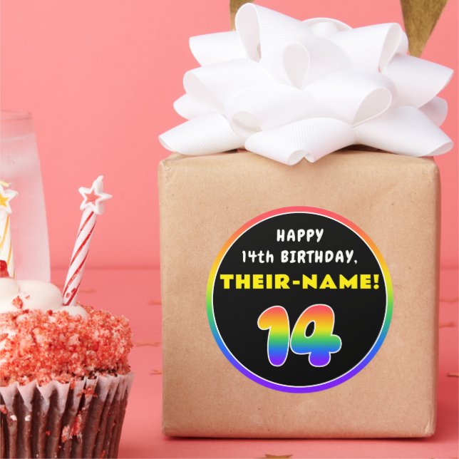 14th Birthday: Colourful Rainbow # 14, Custom Name Classic Round Sticker (Party)