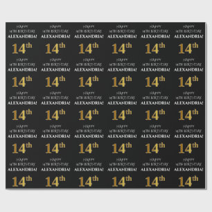 14th Birthday: Elegant, Black, Faux Gold Look Wrapping Paper