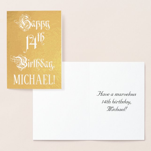 14th Birthday: Elegant, Ornate Script; Custom Name Foil Card (Display)