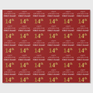 14th Birthday: Elegant, Red, Faux Gold Look Wrapping Paper