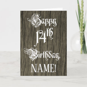 14th Birthday: Fancy, Elegant Text; Faux Wood Look Card