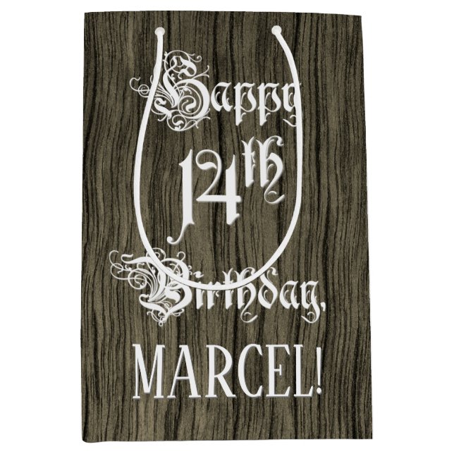 14th Birthday: Fancy, Faux Wood Look + Custom Name Medium Gift Bag (Front)