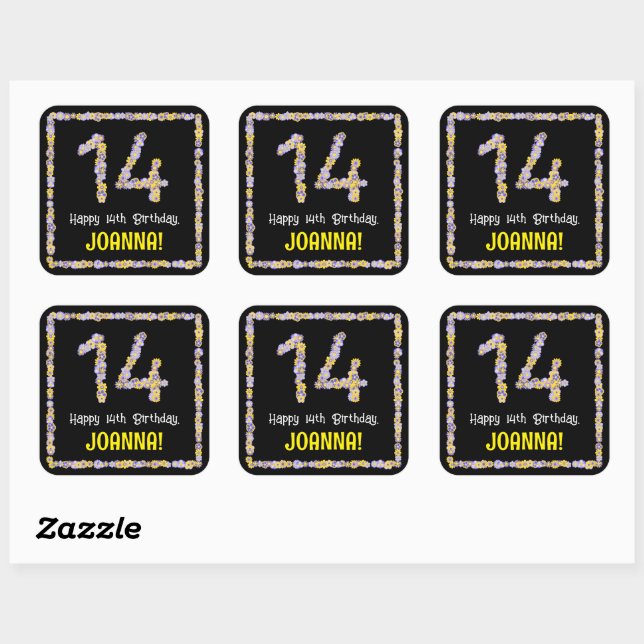 14th Birthday: Floral Flowers Number, Custom Name Square Sticker (Sheet)