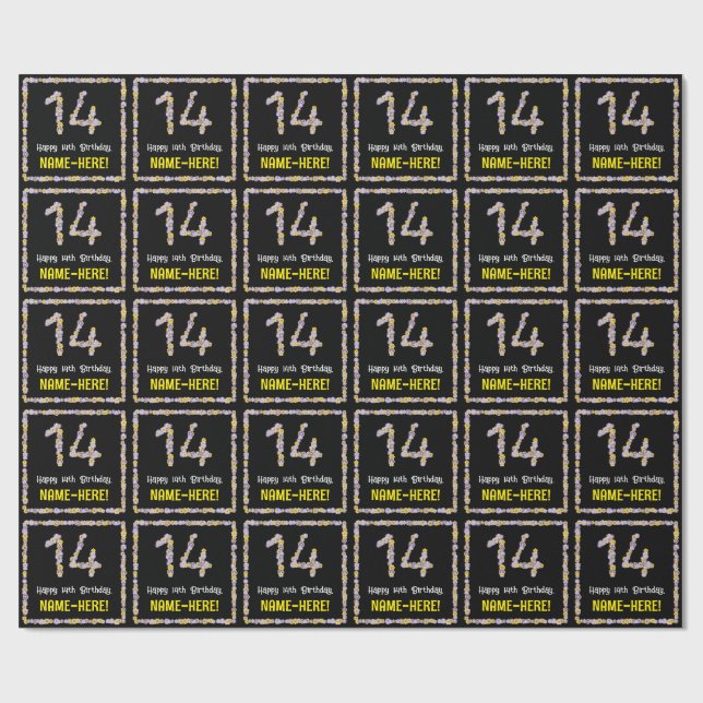 14th Birthday: Floral Flowers Number, Custom Name Wrapping Paper (Flat)