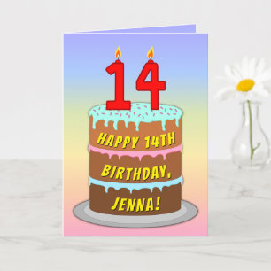 14th Birthday — Fun Cake & Candles, w/ Custom Name Card