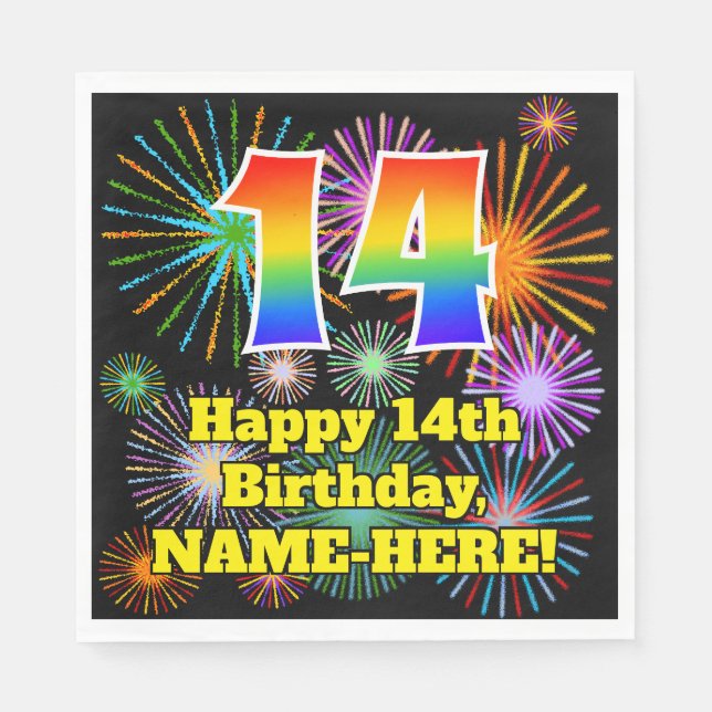 14th Birthday: Fun Fireworks Pattern + Rainbow 14 Napkin (Front)