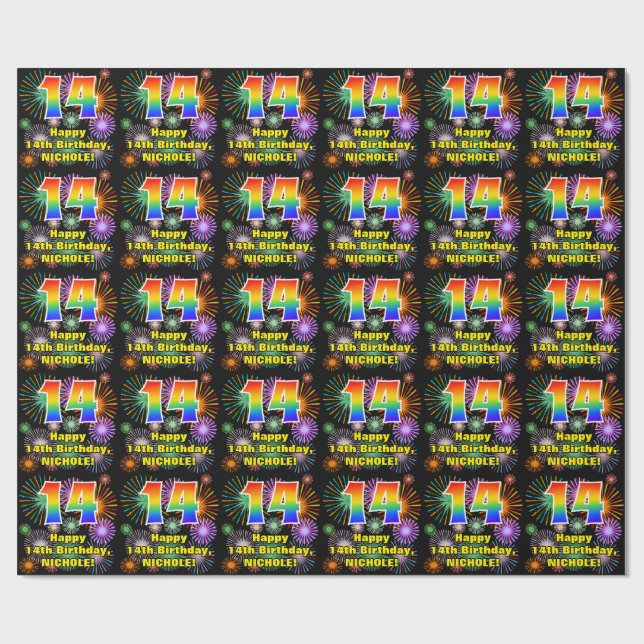 14th Birthday: Fun Fireworks, Rainbow Look # “14” Wrapping Paper (Flat)