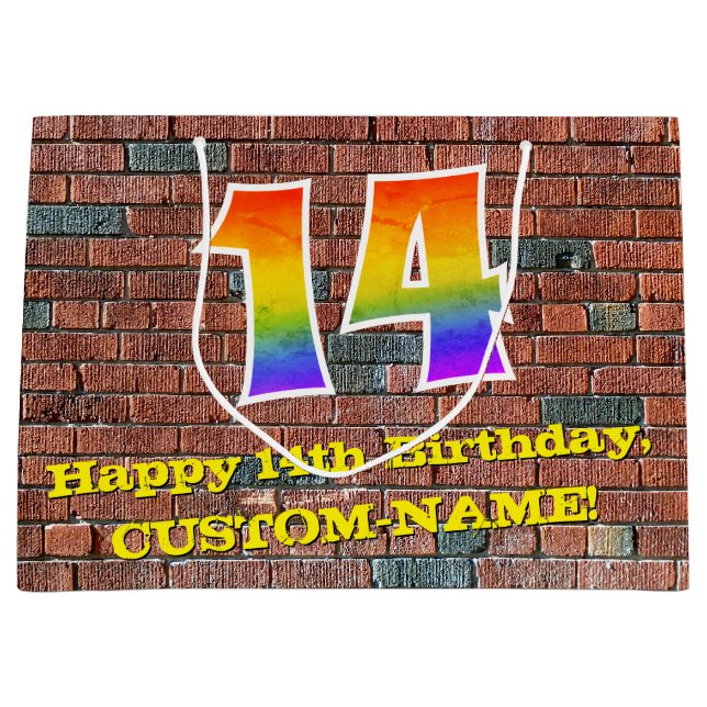 14th Birthday: Fun, Graffiti-Inspired Rainbow # 14 Large Gift Bag (Front)