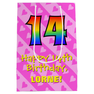 14th Birthday: Fun Pink Hearts Stripes; Rainbow 14 Medium Gift Bag