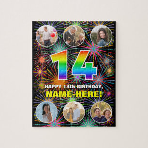 14th Birthday: Fun Rainbow #, Custom Name + Photos Jigsaw Puzzle
