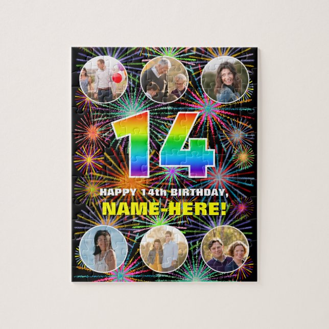14th Birthday: Fun Rainbow #, Custom Name + Photos Jigsaw Puzzle (Vertical)
