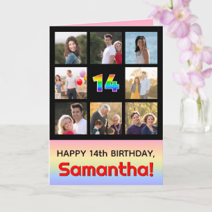 14th Birthday: Fun Rainbow #, Custom Photos + Name Card
