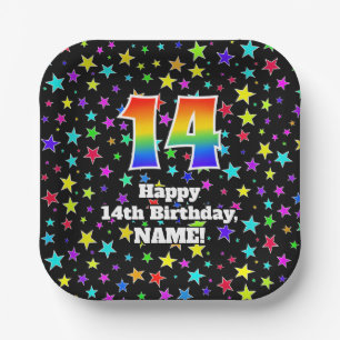 14th Birthday: Fun Stars Pattern and Rainbow “14 Paper Plate