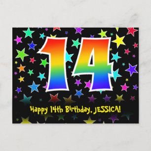 14th Birthday: Fun Stars Pattern, Rainbow 14, Name Postcard