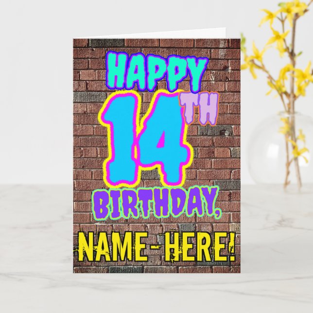 14th Birthday - Fun, Urban Graffiti Inspired Look Card (Yellow Flower)