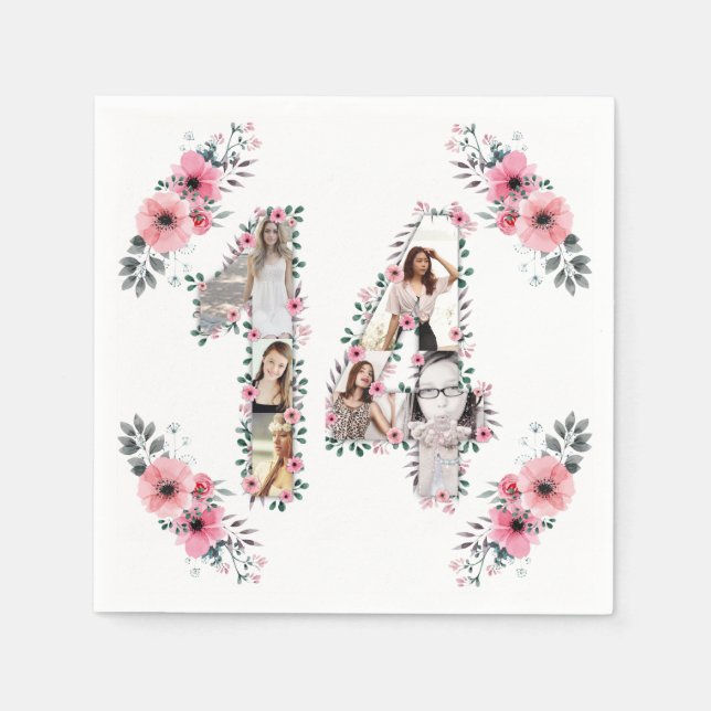 14th Birthday Girl Flower Photo Collage White Napkin (Front)
