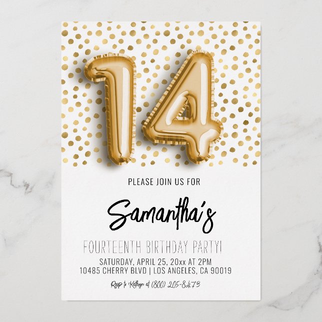 14th Birthday Gold Polkadot Invitation (Front)