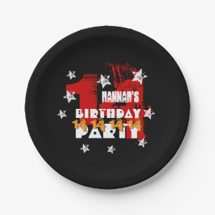 14th Birthday Grunge Black Red Gold White Stars Paper Plate