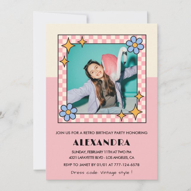 14th birthday invitation Retro Groovy Pink Flowers (Front)