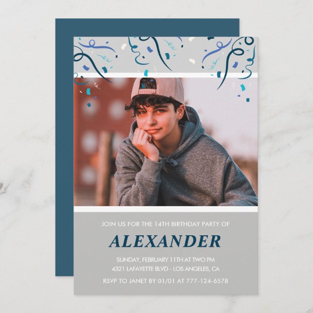 14th birthday invitations boy Confetti Photo Blue (Front/Back)