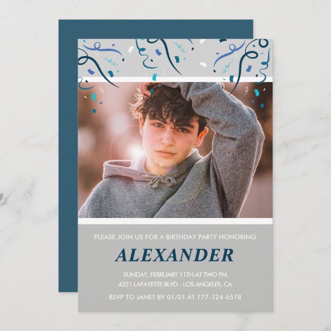 14th birthday invitations Boy Confetti Photo Navy (Front/Back)