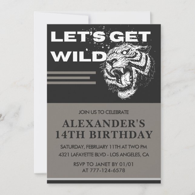 14th birthday invitations Boy Party Let's Get Wild (Front)