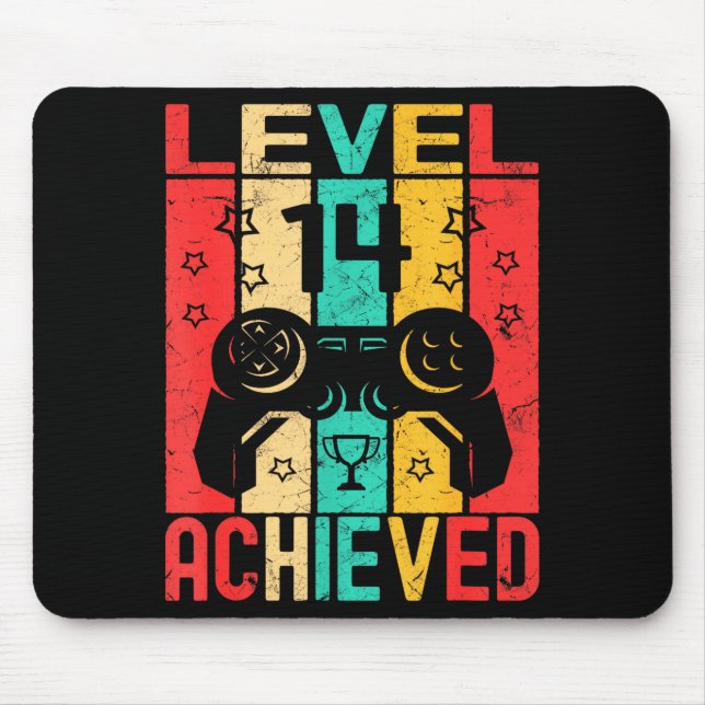 14th Birthday Level 14 Achieved Gamer Funny Birthd Mouse Pad (Front)