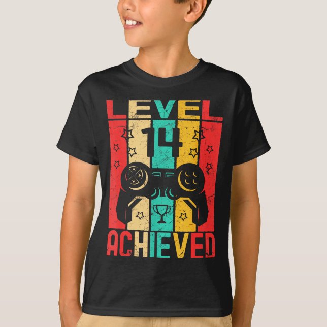 14th Birthday Level 14 Achieved Gamer Funny Birthd T-Shirt (Front)