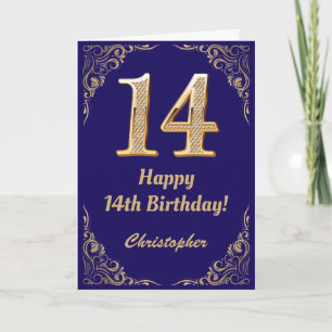 14th Birthday Navy Blue and Gold Glitter Frame Card