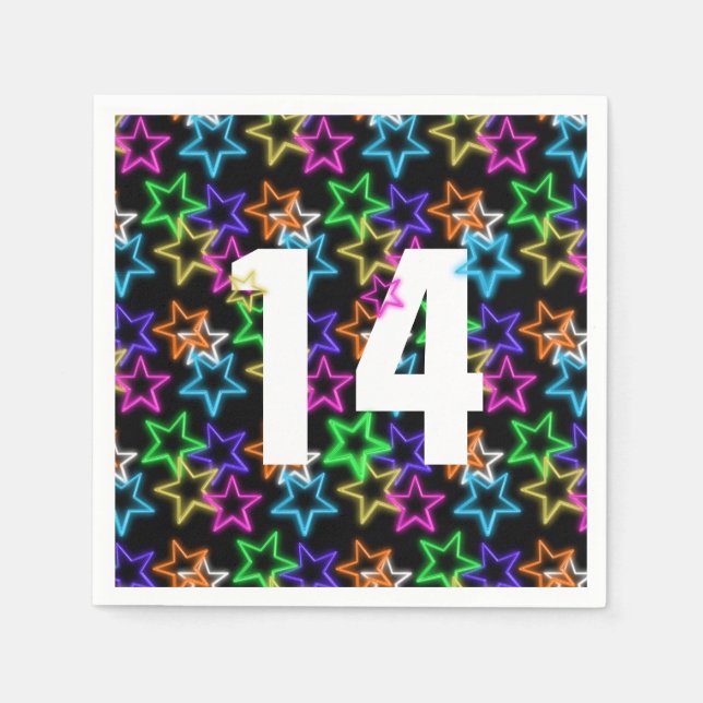 14th Birthday Neon Stars On Black  Napkin (Front)