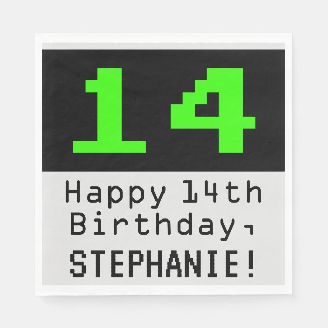 14th Birthday - Nerdy / Geeky Style "14" & Name Napkin (Front)