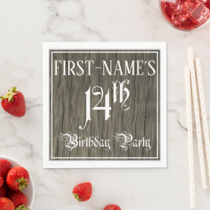 14th Birthday Party — Fancy Script, Faux Wood Look Napkin