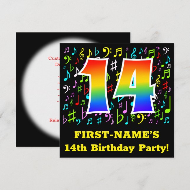 14th Birthday Party: Fun Music Symbols, Rainbow 14 Invitation (Front/Back)