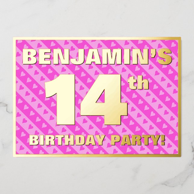 14th Birthday Party — Fun Pink Hearts and Stripes (Front)