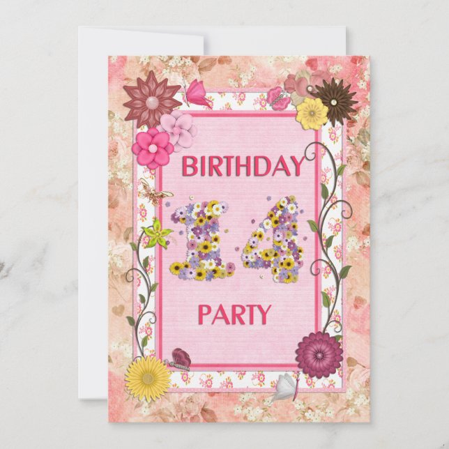 14th birthday party invitation with floral frame (Front)