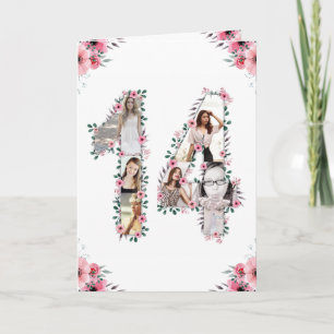 14th Birthday Photo Collage Girl Pink Flower White Card